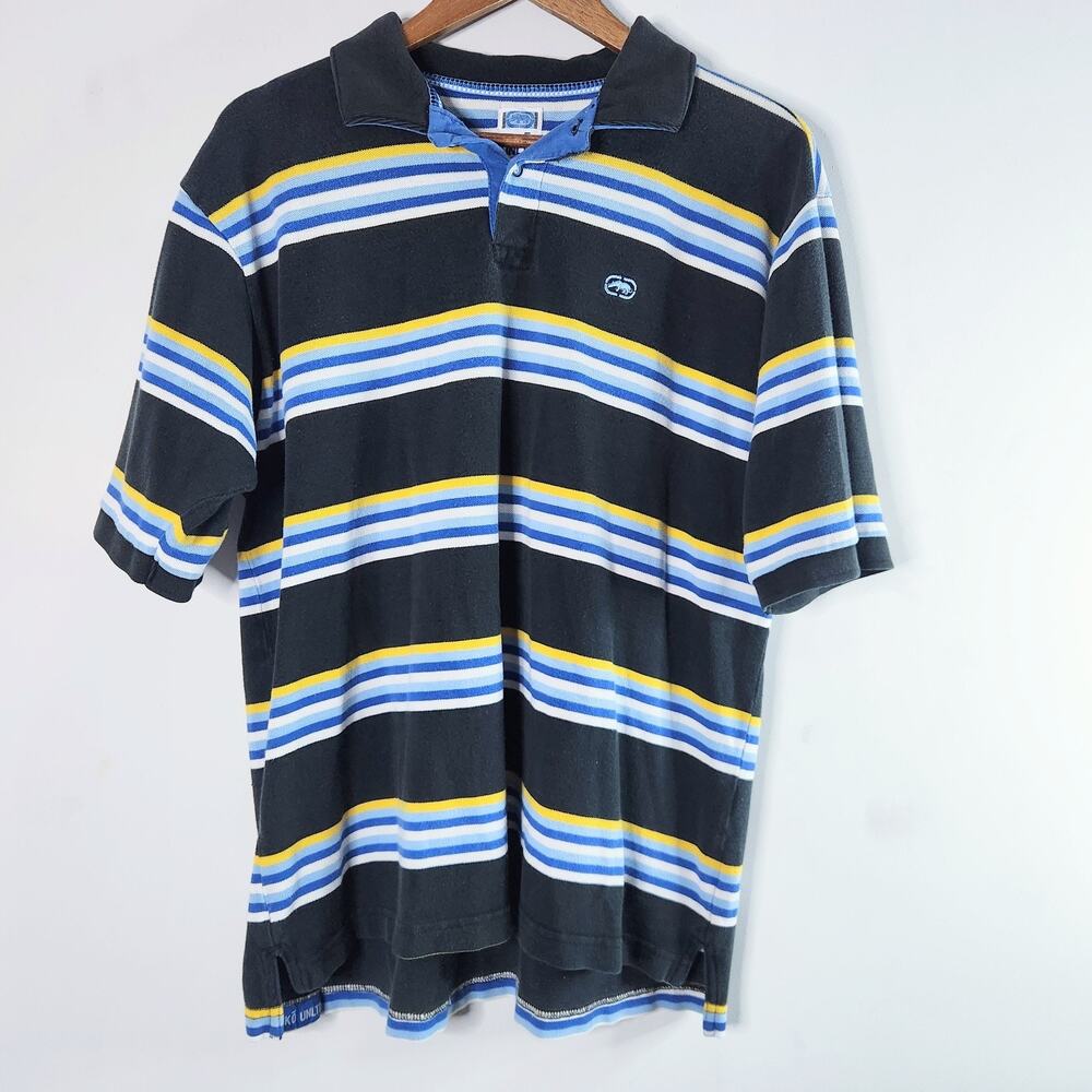 Vintage Ecko Unltd Mens Blue White Striped Polo Shirt Size Large Y2K 90s Casual